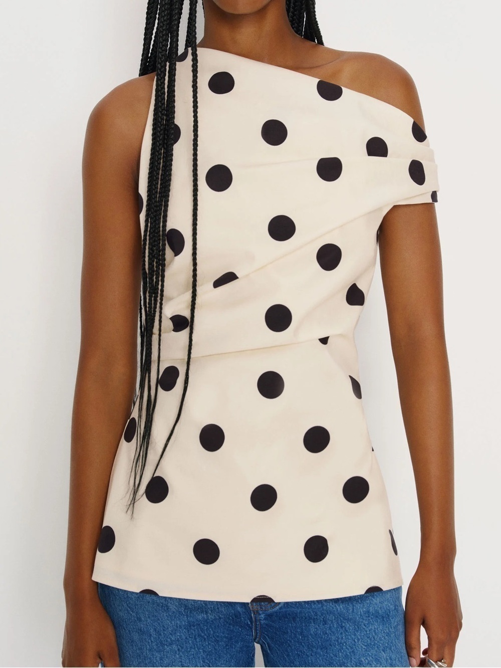 Reformation Dessa Off-the-Shoulder Ruched Top in Pluto Dot